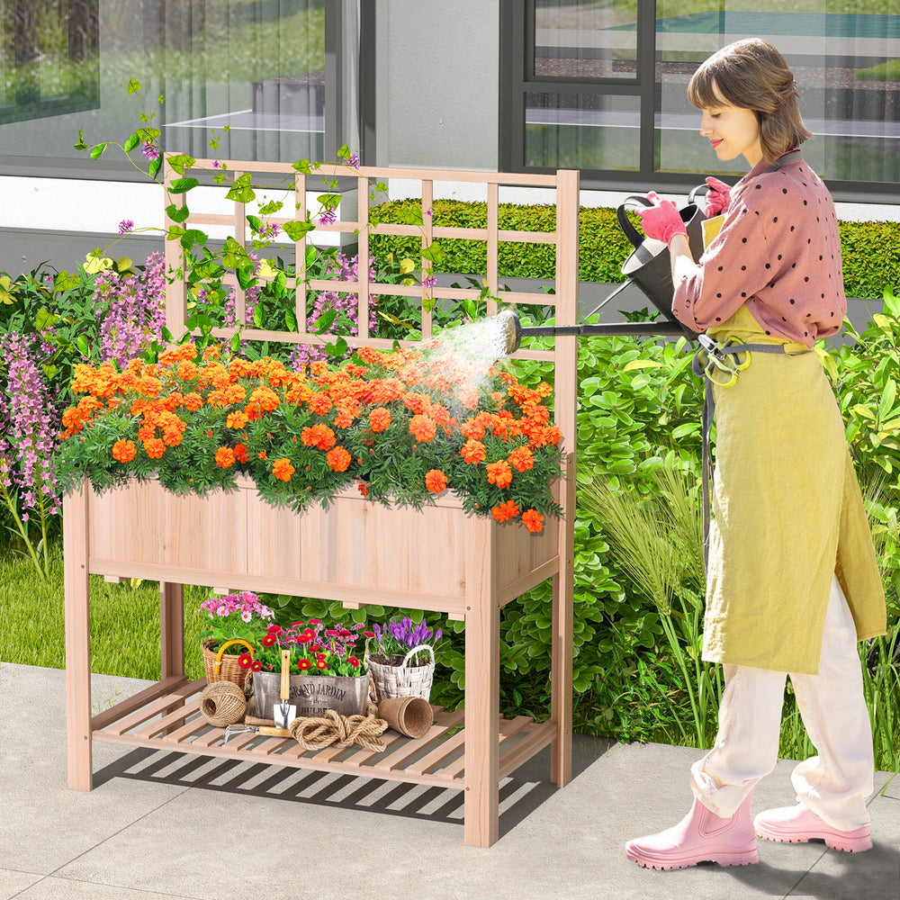 Elevated wooden planter box with trellis, 48"x23"x63", perfect for growing plants and storing gardening tools outdoors.