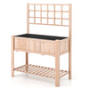 Elevated wooden planter box with trellis, 48" x 23" x 63", made of fir wood, ideal for growing climbing plants outdoors.