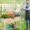 Elevated wooden planter box with trellis, 32.5" ergonomic height, perfect for cultivating plants and storing tools.