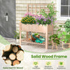 Elevated wooden planter box with trellis, made of natural fir wood, perfect for cultivating plants and storing tools.