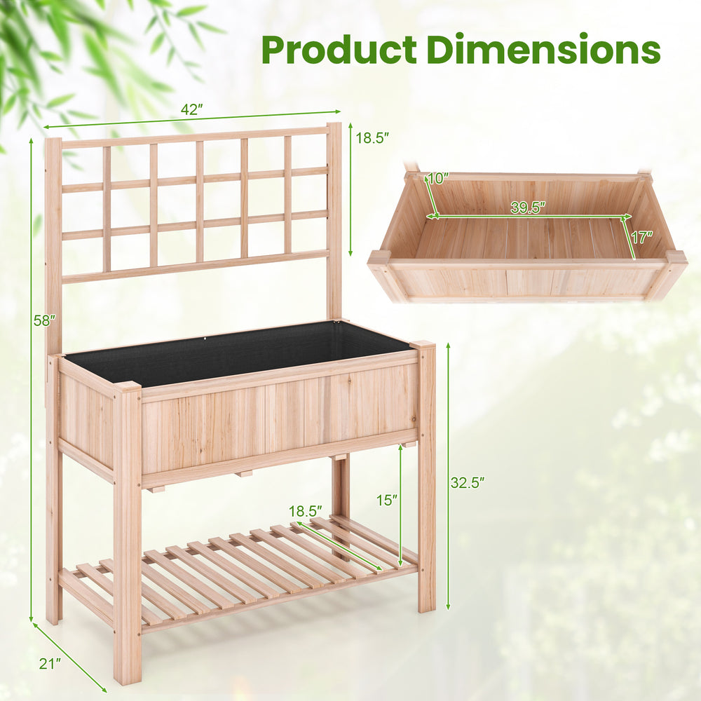 Elevated wooden planter box with trellis, measuring 48" x 23" x 63", perfect for cultivating plants and storing tools.