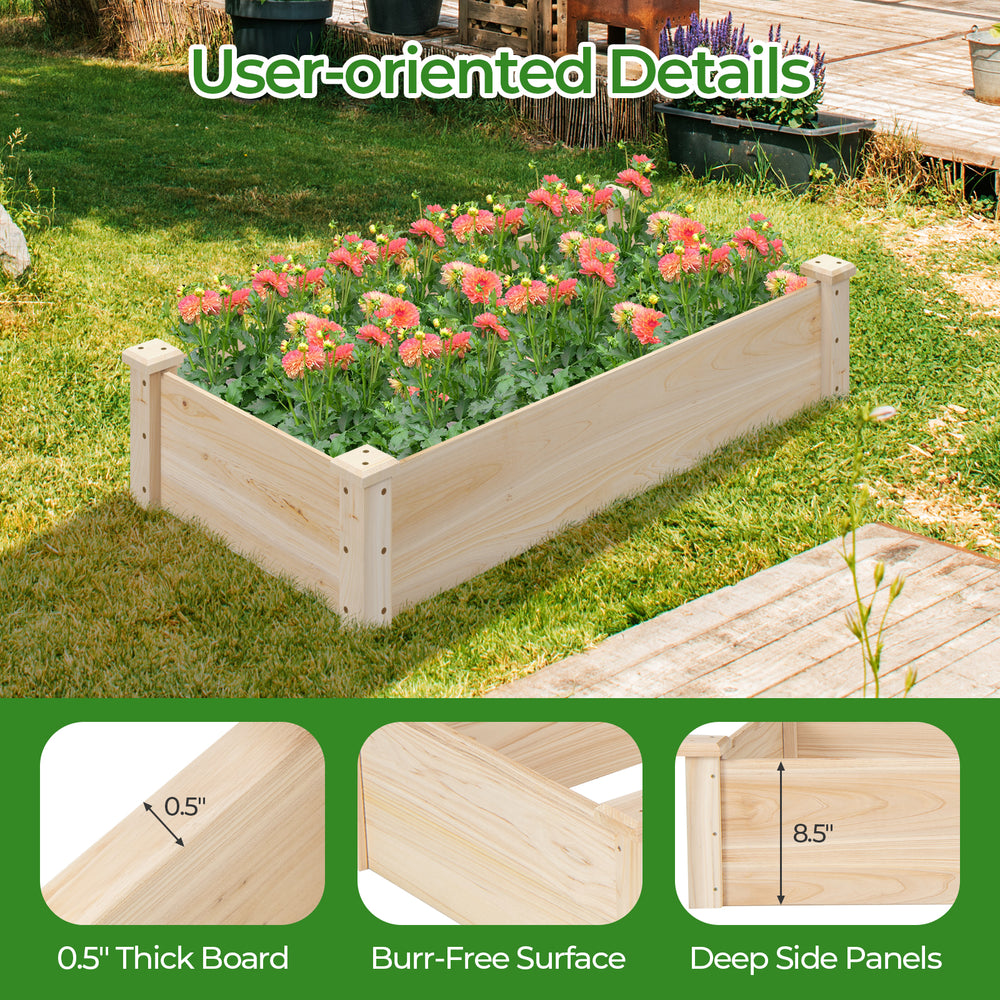 Raised garden bed made of fir wood with deep side panels, ideal for planting flowers and enhancing garden aesthetics.