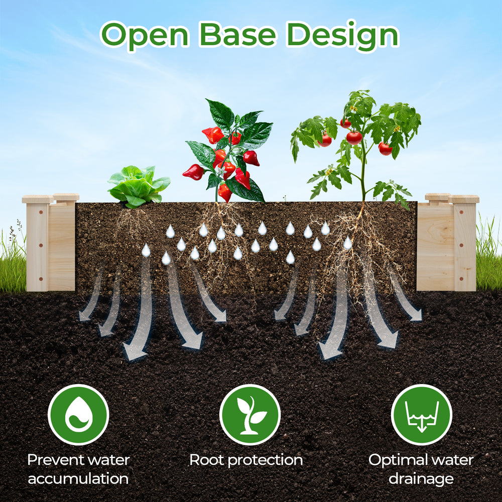 Open base design of a fir wood raised garden bed, promoting optimal water drainage and root protection for healthy.
