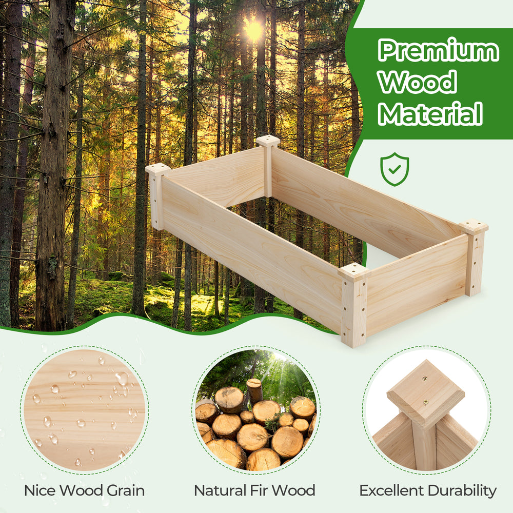 Raised garden bed made of premium fir wood with natural grain, ideal for versatile planting in your garden.