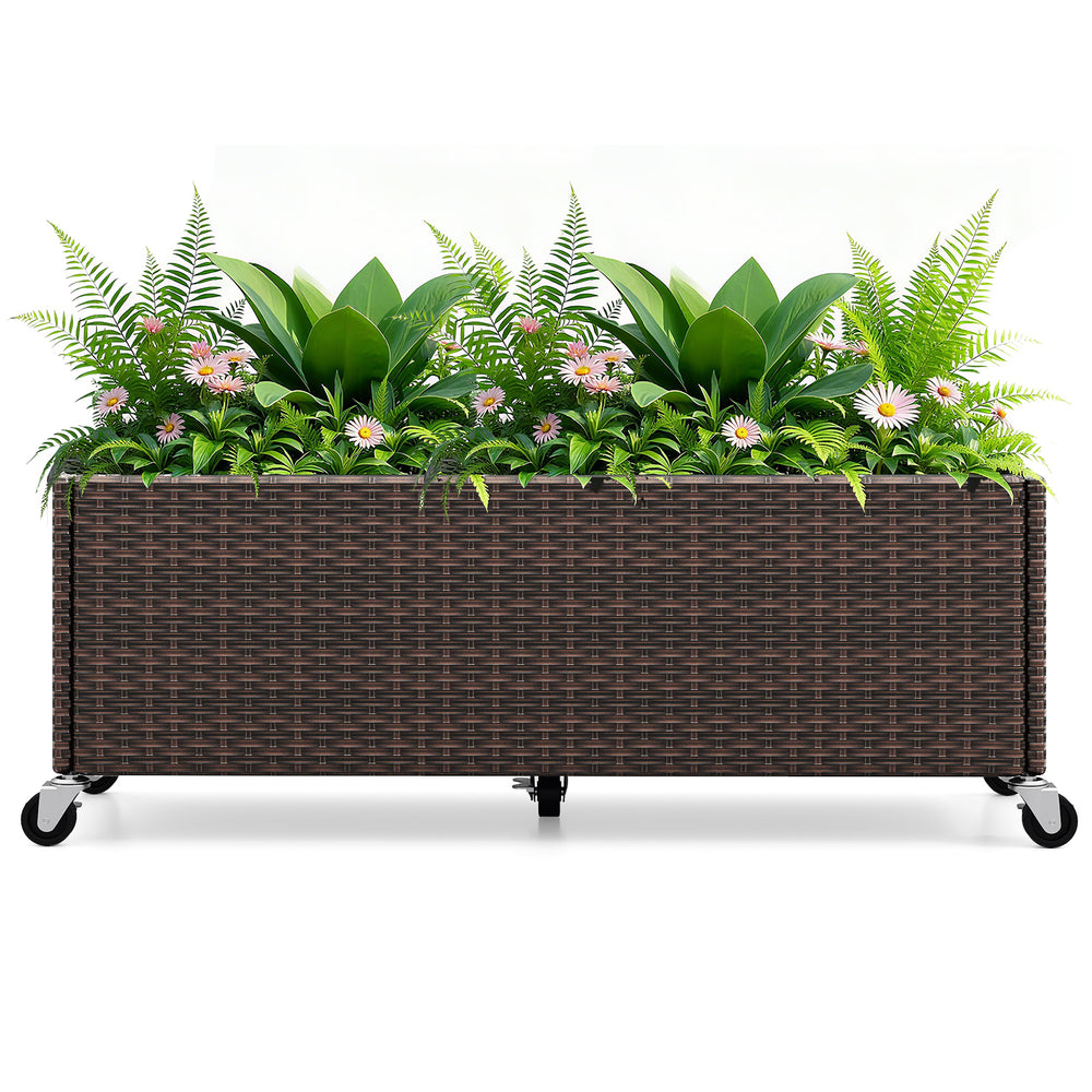 Raised garden bed planter box made of PE rattan with wheels, ideal for outdoor use and cultivating various plants.