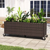 Raised garden bed planter box made of PE rattan with wheels, ideal for outdoor patios and cultivating various plants.