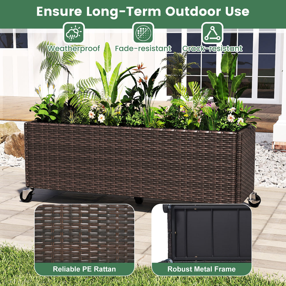 Raised garden bed planter box made of fade-resistant PE rattan with wheels, ideal for outdoor plant cultivation.