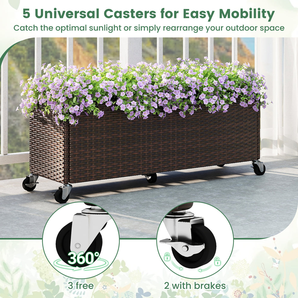 Raised garden bed planter box on wheels, made of PE rattan, featuring 3 free-rolling and 2 lockable wheels for mobility.