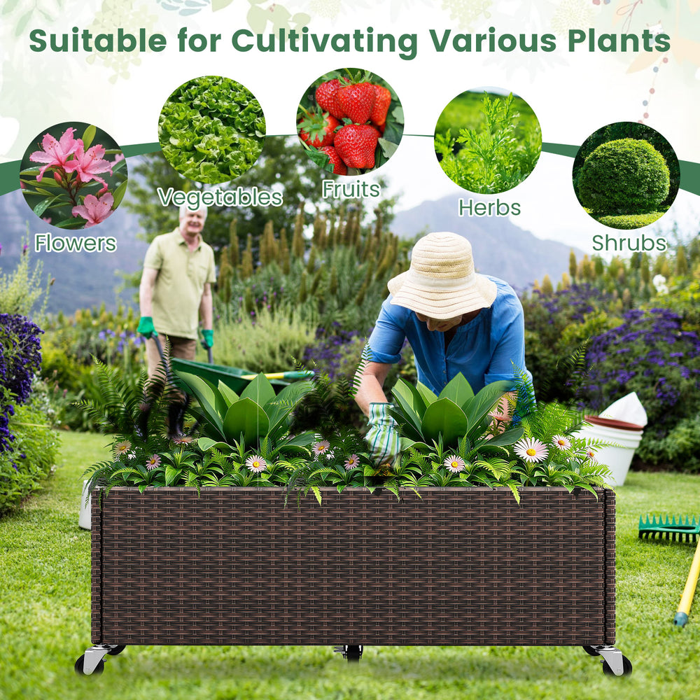 Raised garden bed made of PE rattan with wheels, ideal for cultivating flowers, vegetables, and shrubs in outdoor.