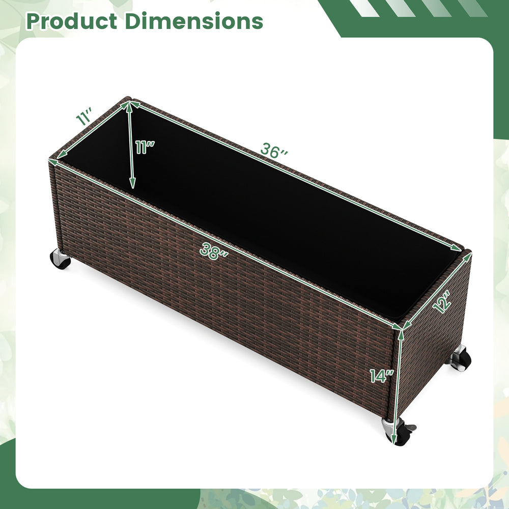 Top view of the raised garden bed planter box with wheels, made of PE rattan, measuring 36"x11"x12" for versatile.