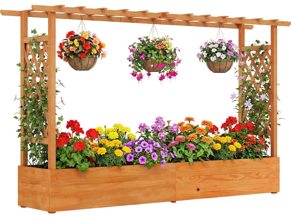 Raised Garden Bed Planter Box with Lattice Trellis Drainage Holes