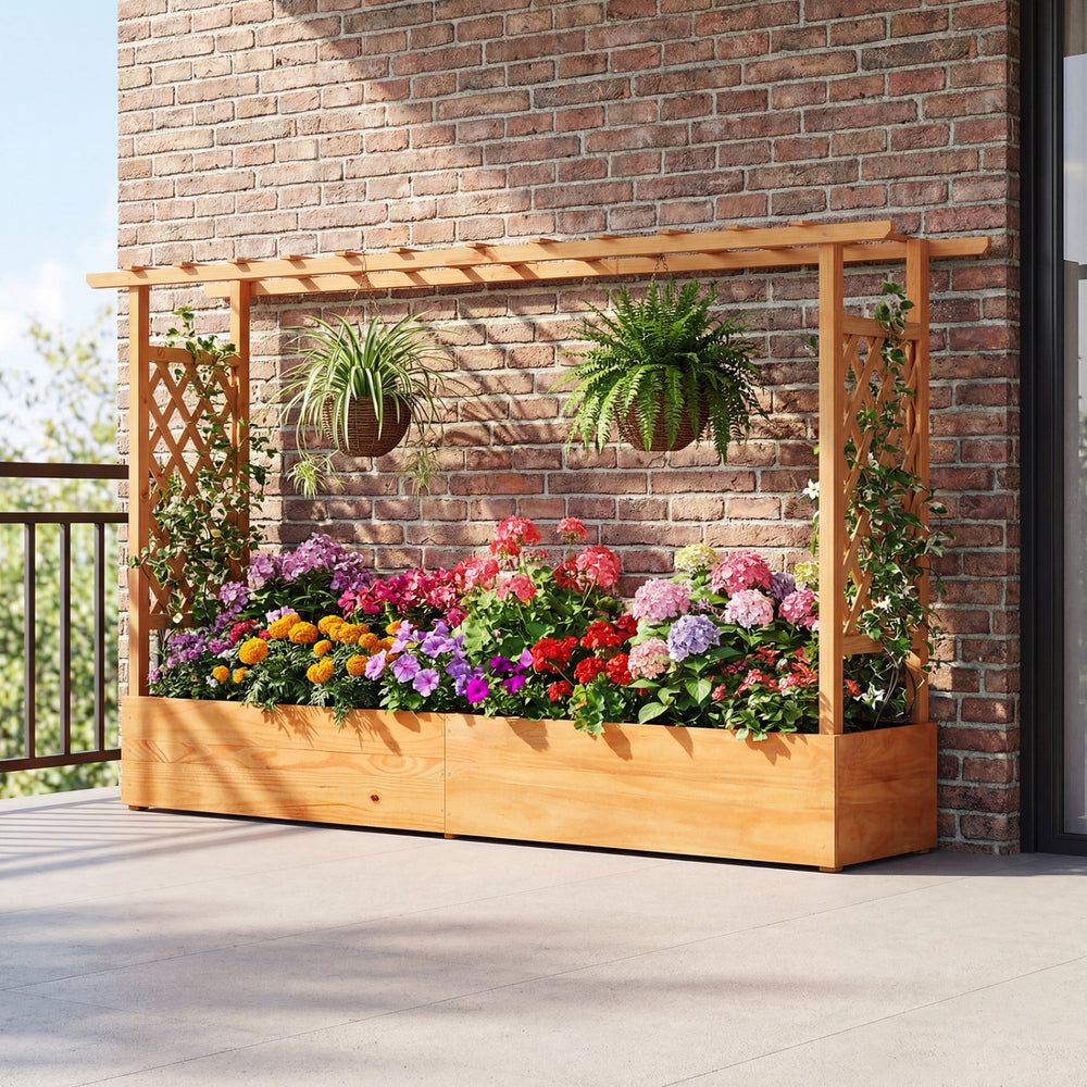 Raised garden bed planter box with lattice trellis, crafted from sturdy pine wood, ideal for vibrant flowers and.