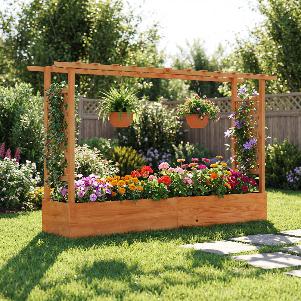 Raised garden bed planter box with lattice trellis, crafted from sturdy pine wood, ideal for growing flowers and.