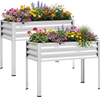 Two elevated metal planter boxes in silver, perfect for gardening with flowers and vegetables, featuring drainage holes.