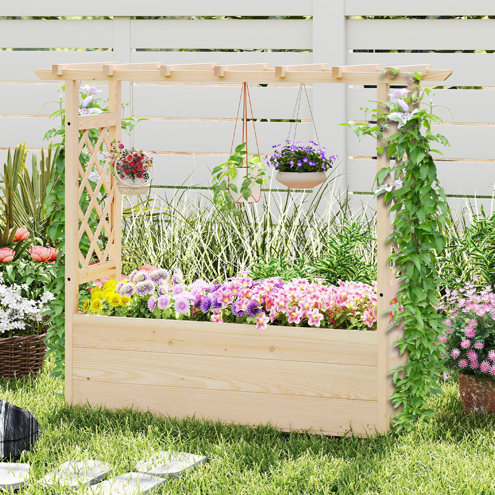 Wooden elevated planter box with hanging roof and trellis, made of durable pine, ideal for gardens and patios.
