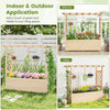 Wooden elevated planter box with trellis and hanging roof, ideal for gardens, patios, and balconies, made of sturdy.