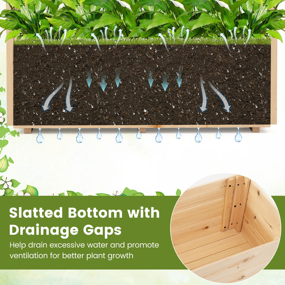 Slatted bottom with drainage gaps in a wooden elevated planter box, promoting ventilation for healthy plant growth.