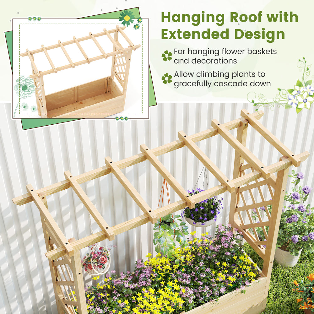 Raised garden bed with hanging roof and trellis, made of robust pine wood, perfect for climbing plants and flower.