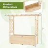 Wooden elevated planter box with hanging roof and trellis, made of pine, ideal for gardens and patios. Dimensions.