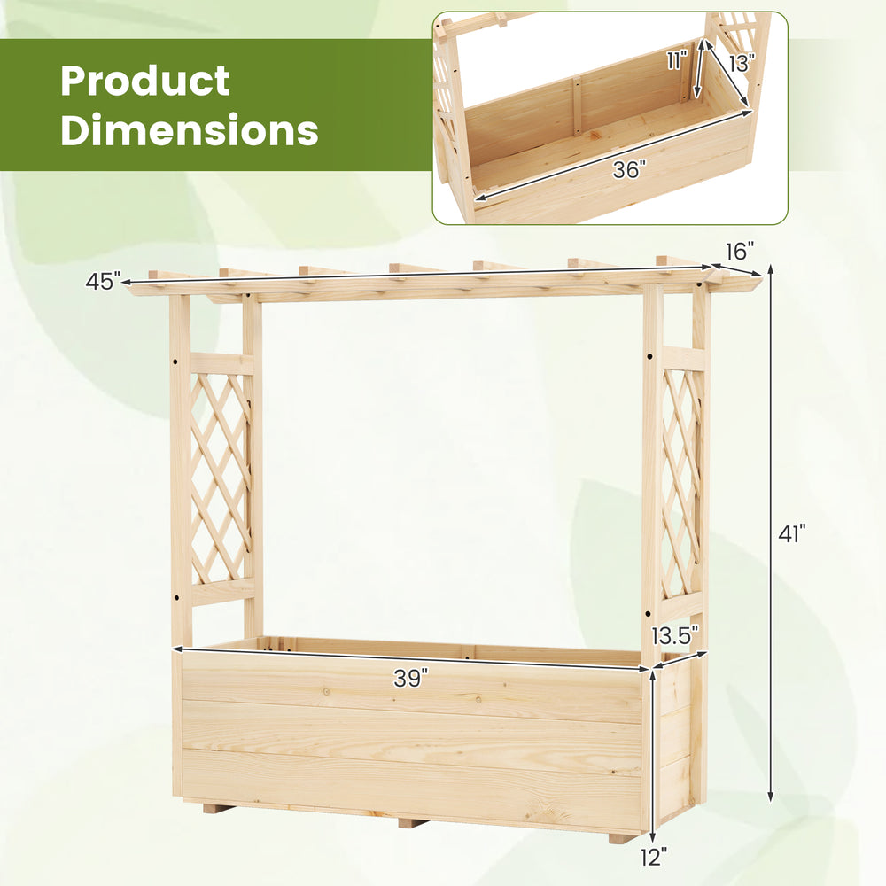 Wooden elevated planter box with hanging roof and trellis, made of pine, ideal for gardens and patios. Dimensions.