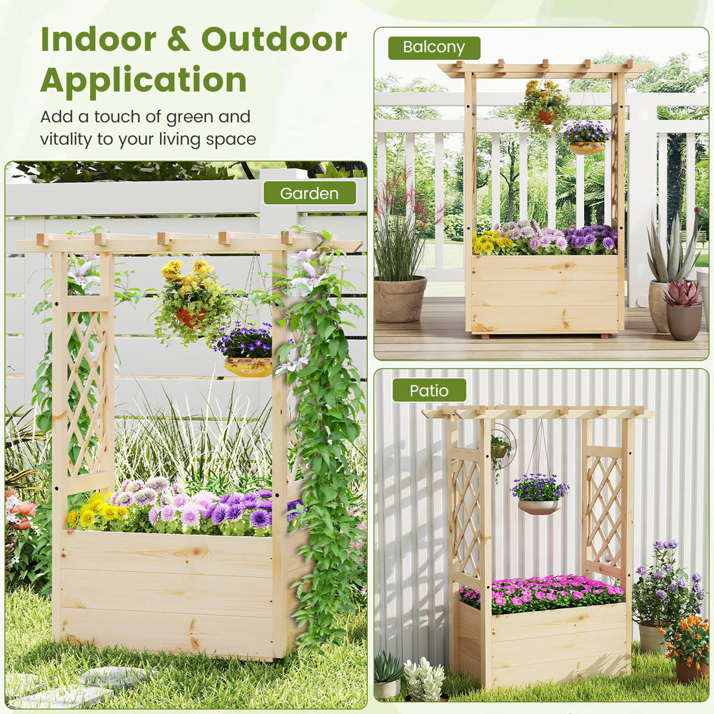 Wooden elevated planter box with hanging roof and trellises, perfect for gardens, patios, and balconies.