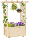 Wooden elevated planter box with trellis and hanging roof, made of robust pine wood, ideal for gardens and patios.