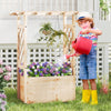 Wooden elevated planter box with trellis and hanging roof, perfect for cultivating plants in gardens or patios.