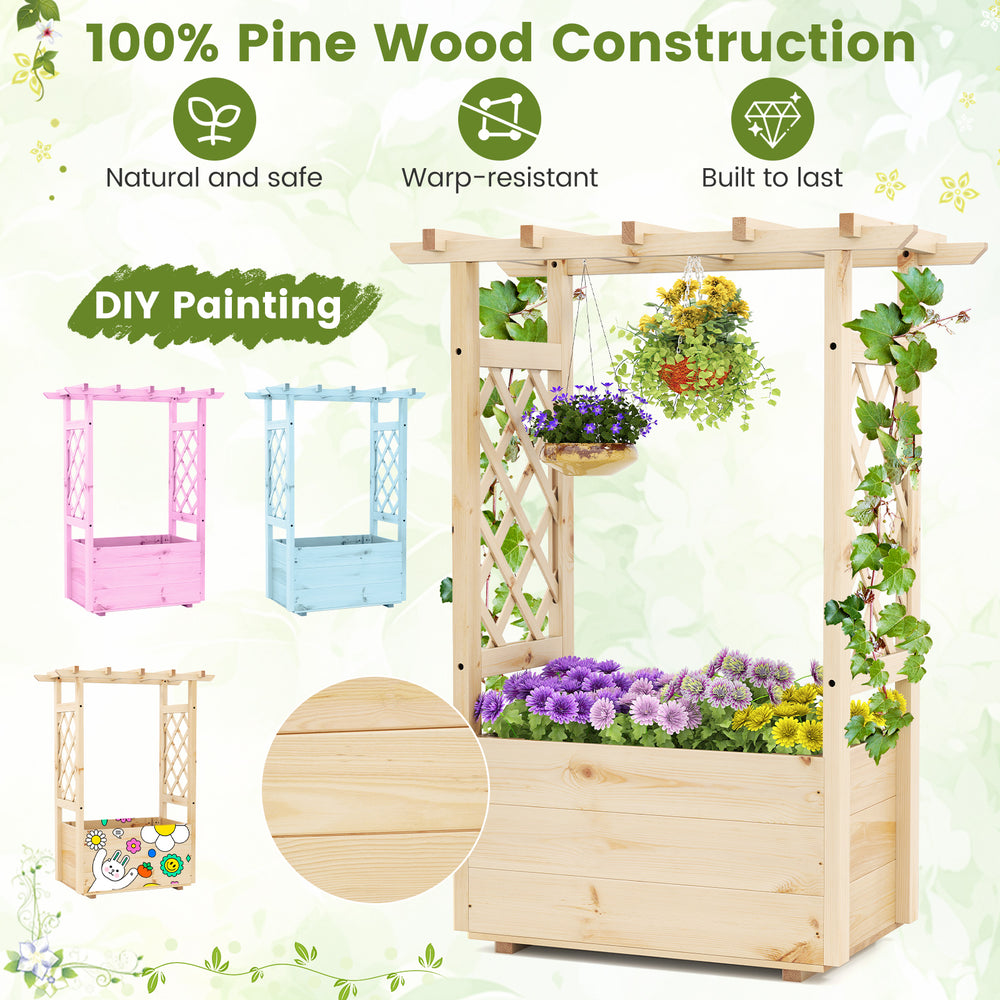 Wooden elevated planter box with hanging roof, made of pine wood, ideal for gardens and patios, featuring trellises for.
