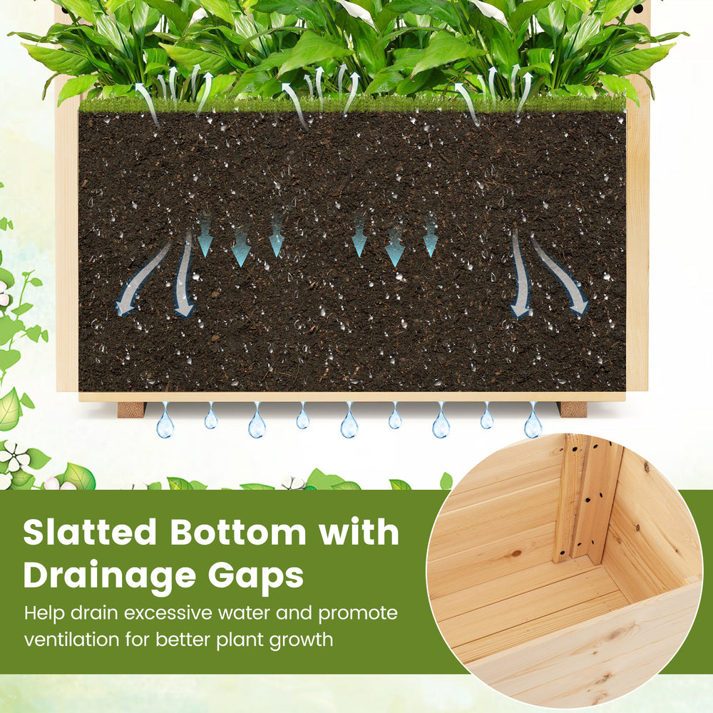 Slatted bottom with drainage gaps in a wooden elevated planter box for optimal plant growth and ventilation.