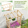 Wooden elevated planter box with hanging roof, ideal for flower baskets and climbing plants in gardens or patios.