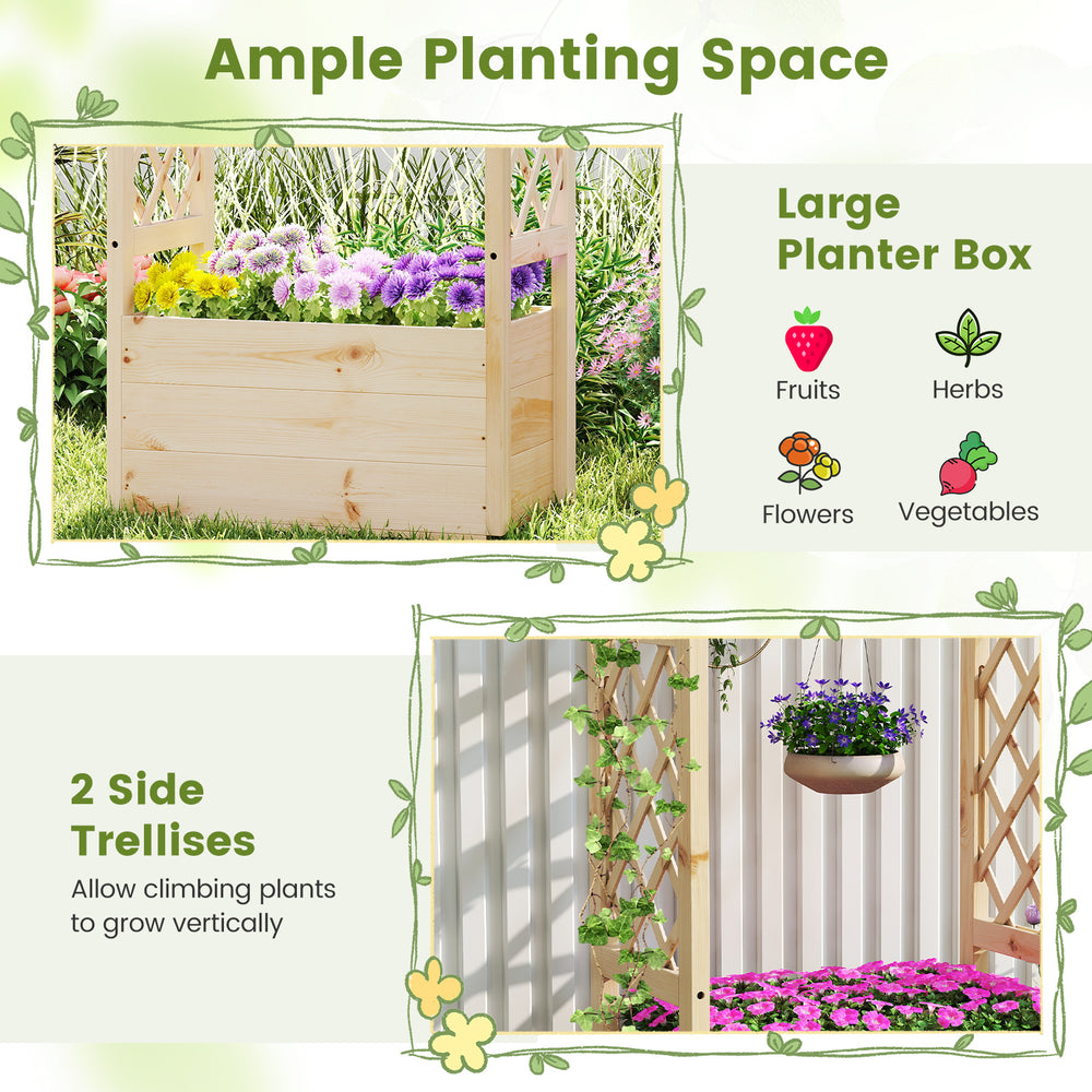 Wooden elevated planter box with side trellises for vertical growth, ideal for flowers, herbs, and vegetables in.