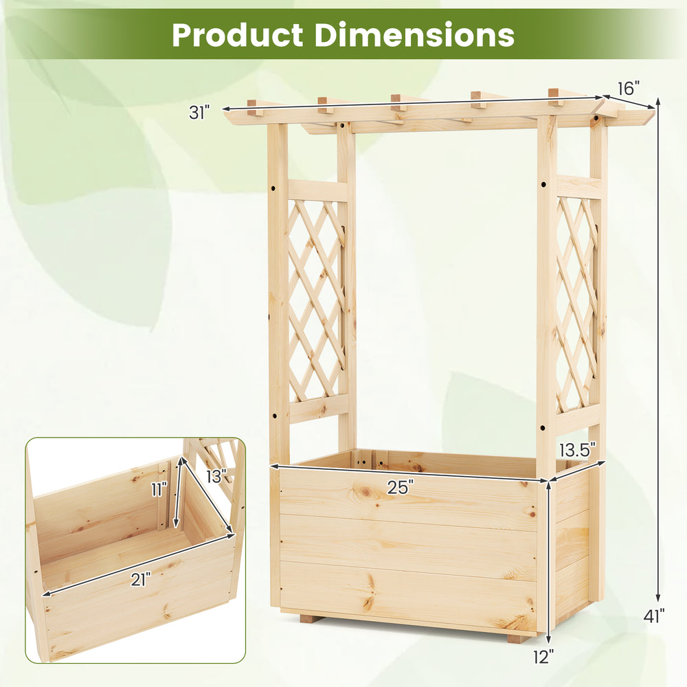 Wooden elevated planter box with trellis and hanging roof, made of pine, ideal for gardens and patios, dimensions shown.