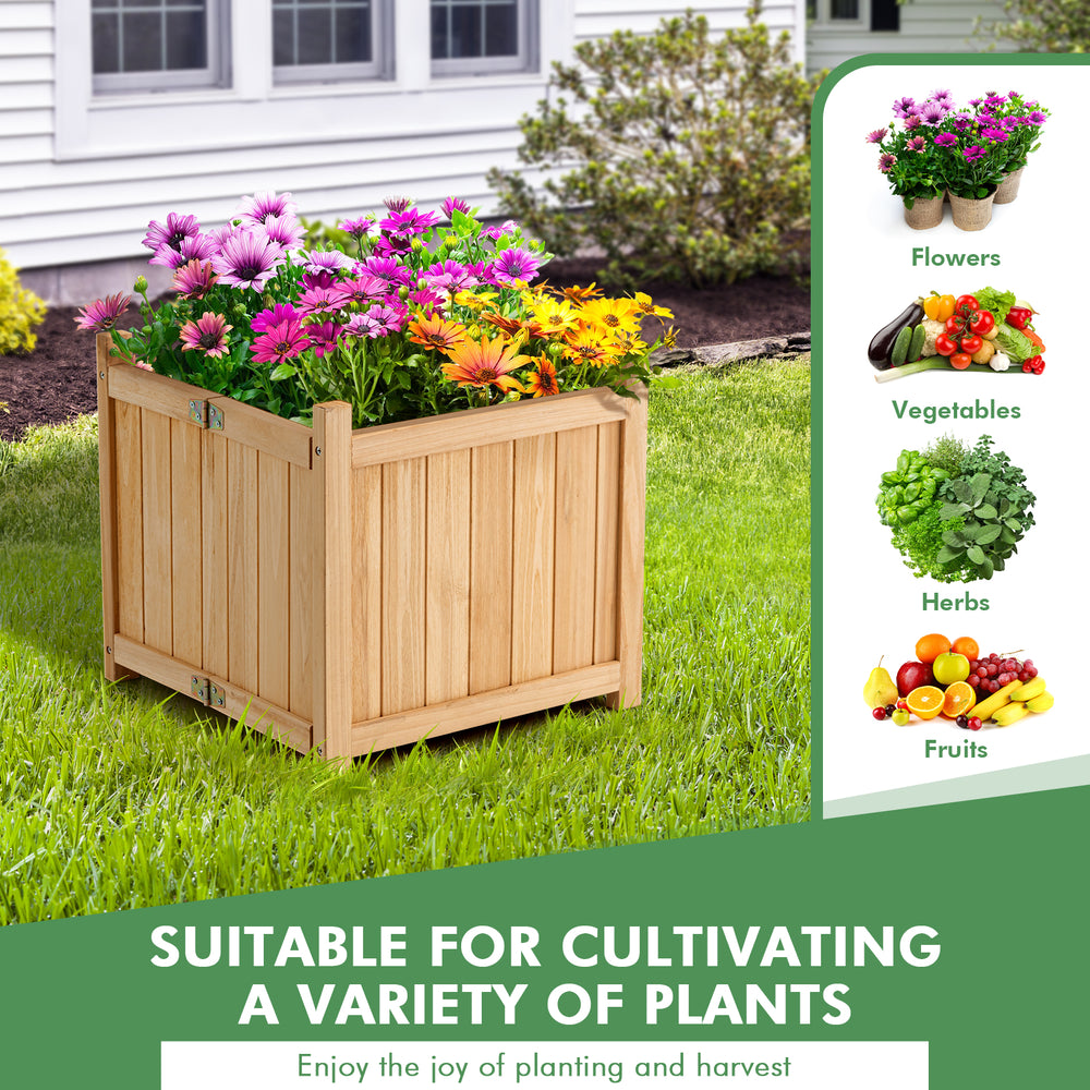 Folding square fir wood raised garden bed with vibrant flowers, perfect for cultivating various plants in any outdoor.