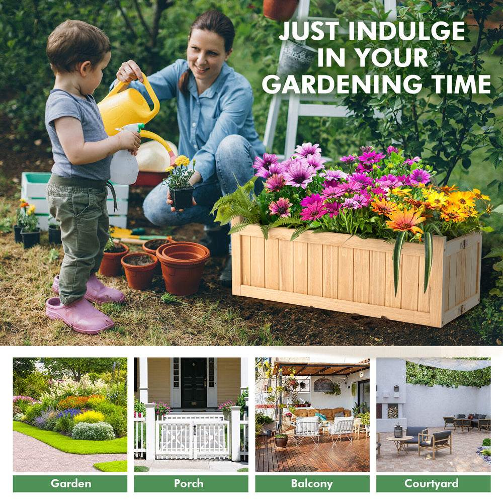 Folding wooden raised garden bed with removable bottom, ideal for growing herbs and flowers in your garden or patio.