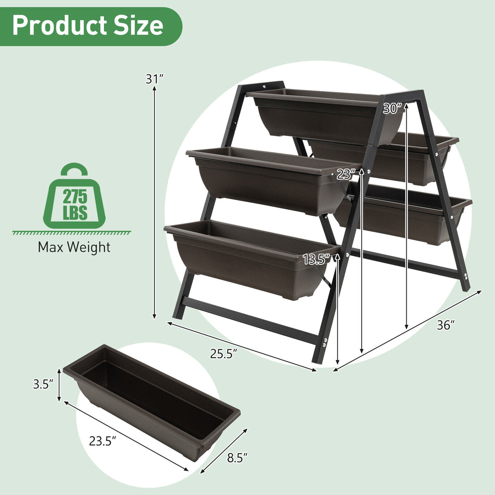 Dimensions of the 3-tier vertical raised garden bed with 5 plant boxes, featuring a sturdy trapezoidal metal frame.
