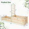 Raised garden bed with trellis in natural fir wood, featuring two planter boxes and dimensions for versatile gardening.
