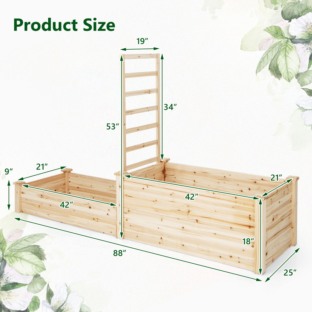 Raised garden bed with trellis in natural fir wood, featuring two planter boxes and dimensions for versatile gardening.