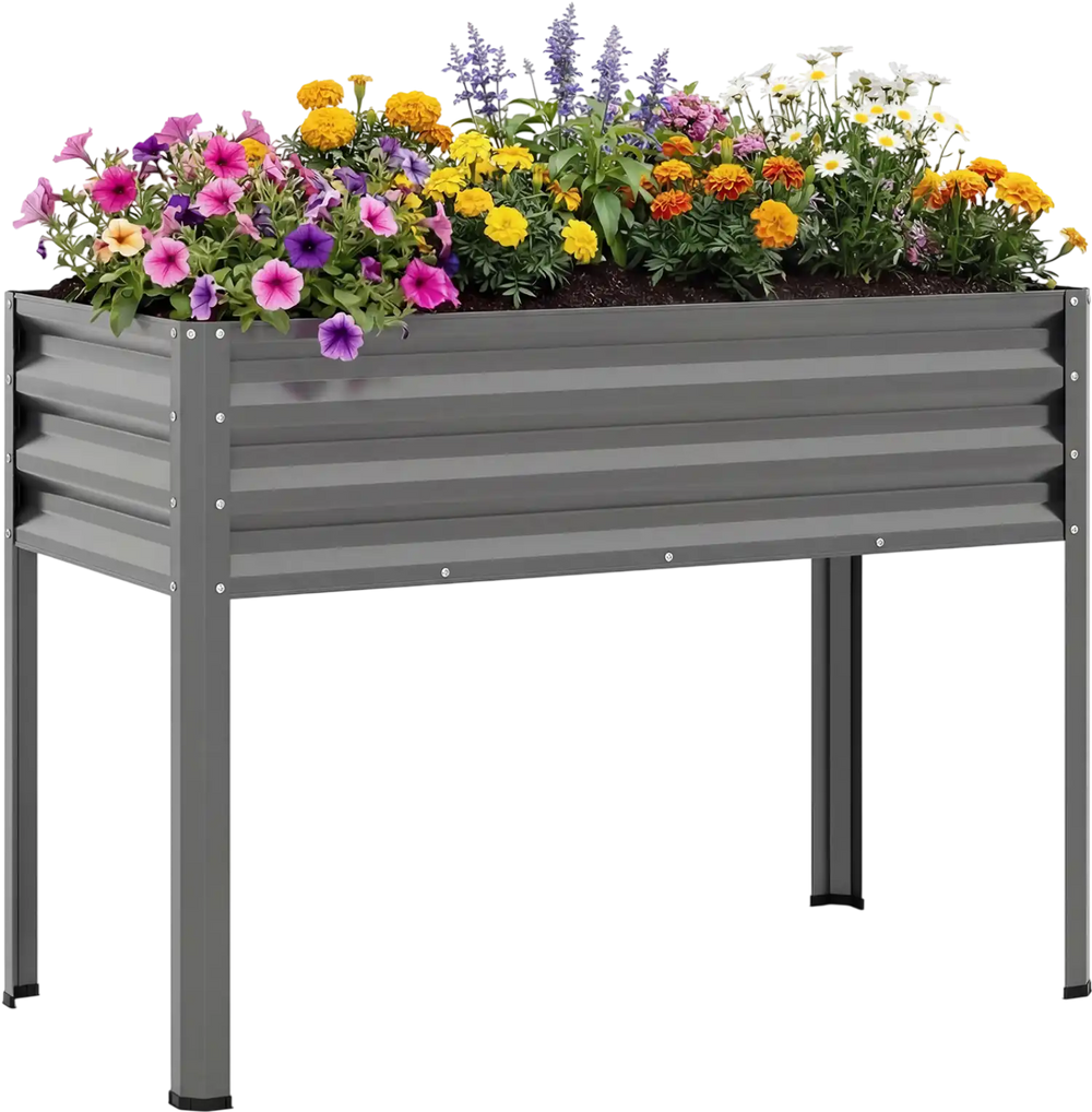 Elevated grey metal raised garden bed with vibrant flowers, ideal for comfortable gardening and healthy plant growth.