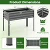 Large elevated planter box in grey with dimensions, anti-slip foot pads, and drainage holes for healthy plant growth.