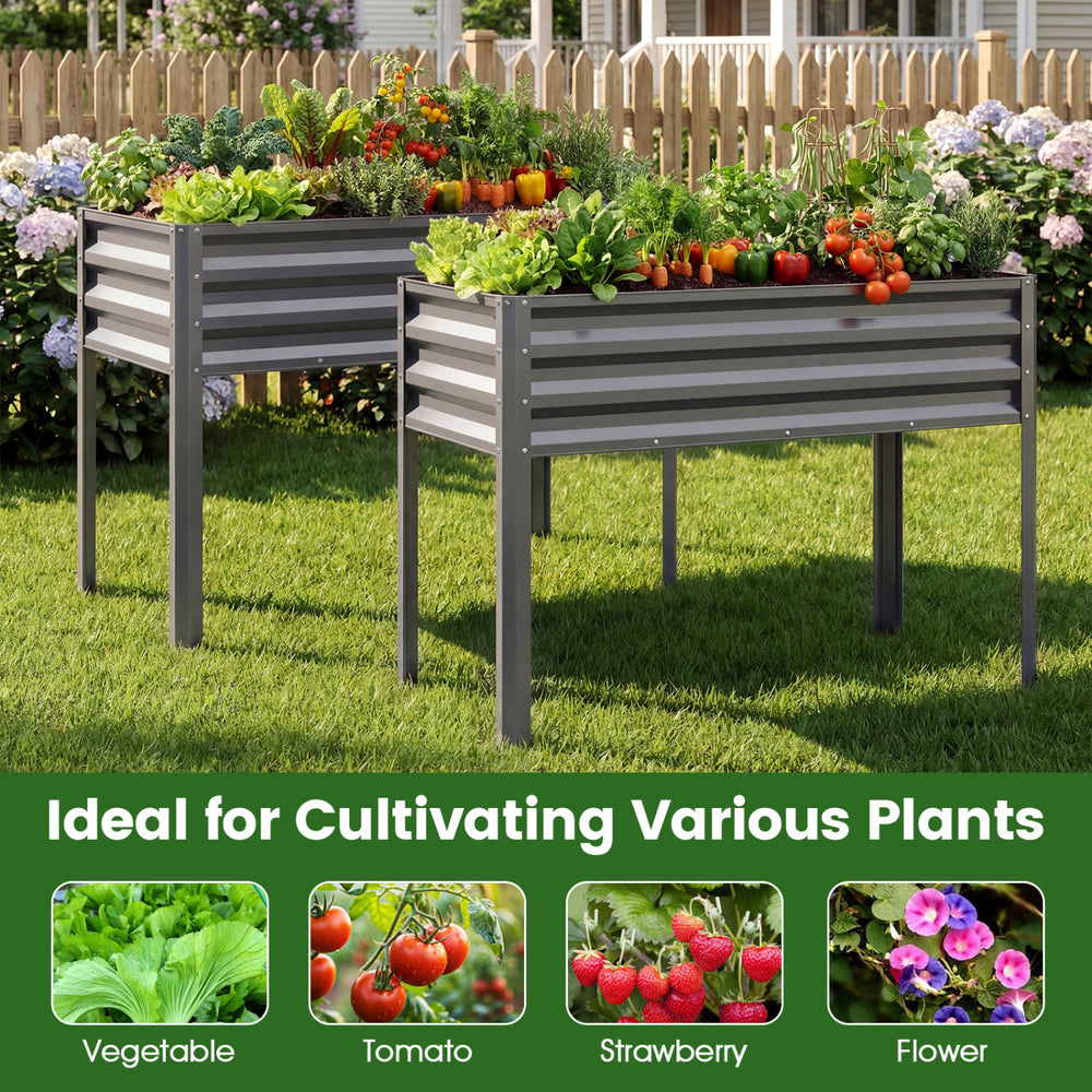 Large elevated grey raised garden bed with legs, ideal for cultivating vegetables and flowers in any outdoor space.