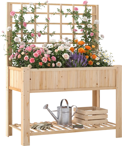 Costway Wooden Raised Garden Bed Elevated Planter Box with Trellis 823567941 New