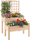 2-tier raised garden bed with trellis in natural fir wood, ideal for climbing plants and flowers in small outdoor.