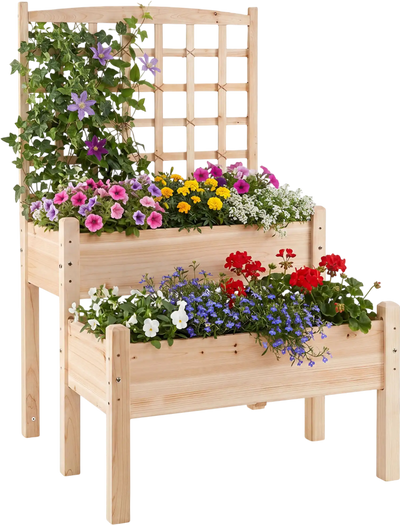 Costway 2-Tier Raised Garden Bed with Trellis for Outdoor Climbing Plants 63329736 New