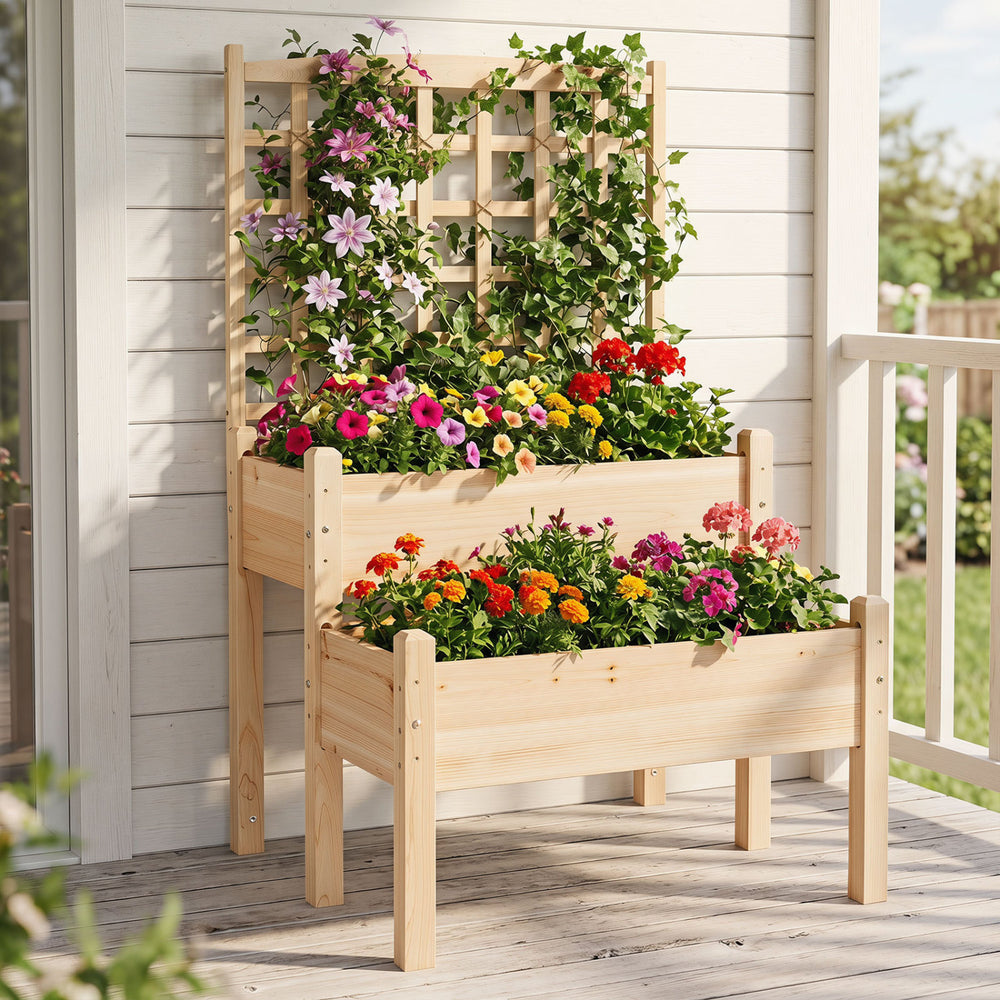 2-tier raised garden bed with trellis in natural fir wood, perfect for climbing plants and enhancing small outdoor spaces.