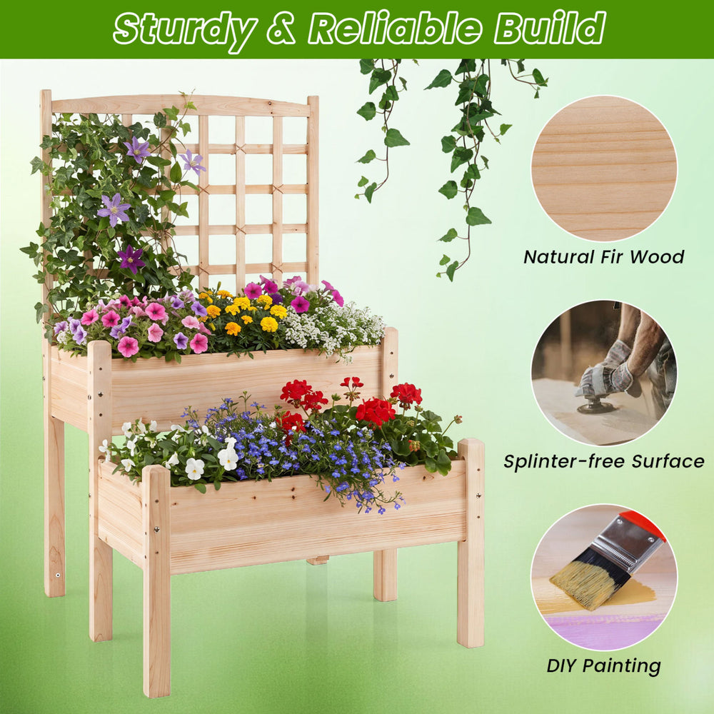 2-tier raised garden bed made of natural fir wood with trellis for climbing plants, ideal for small outdoor spaces.