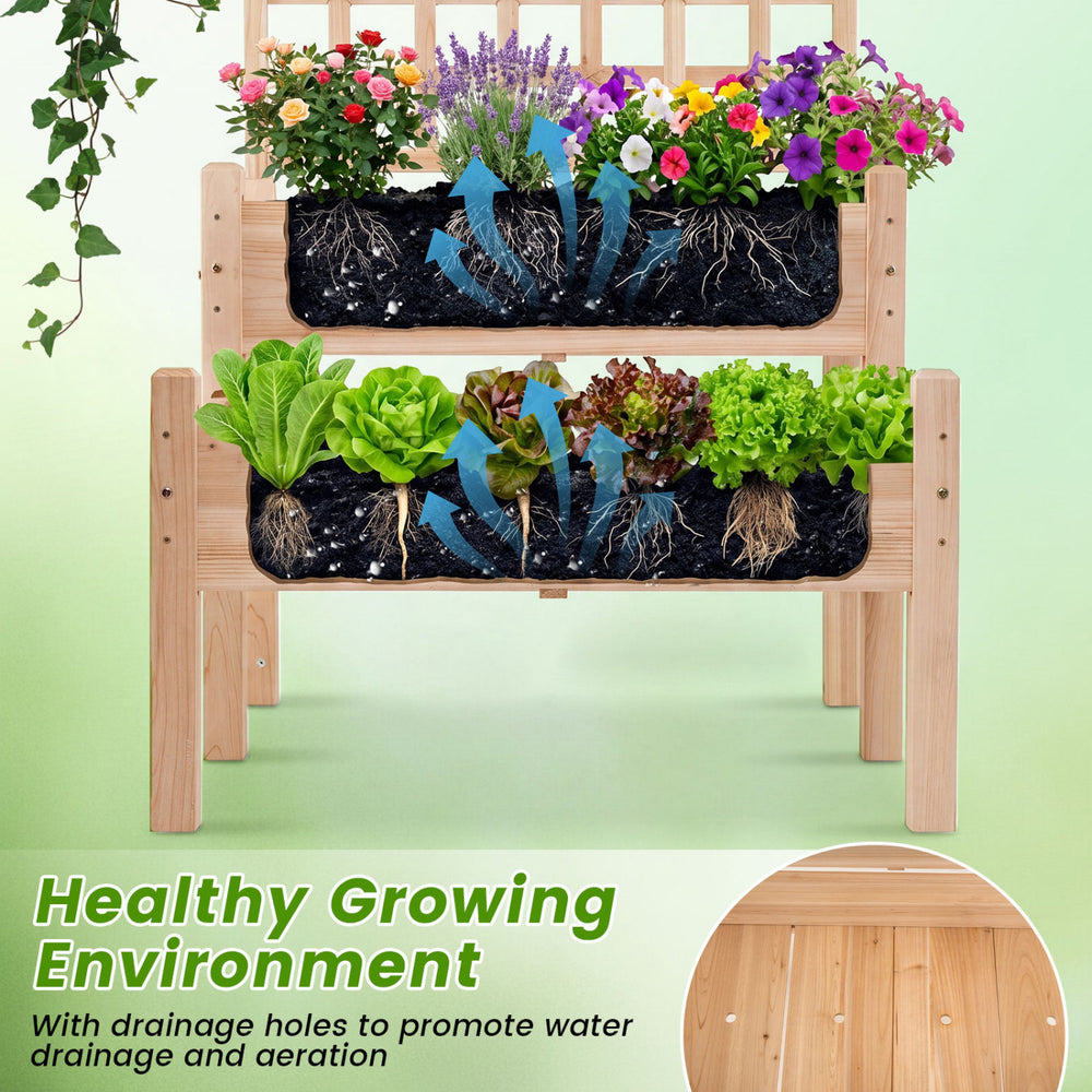 2-tier raised garden bed made of natural fir wood with trellis, featuring drainage holes for healthy plant growth.