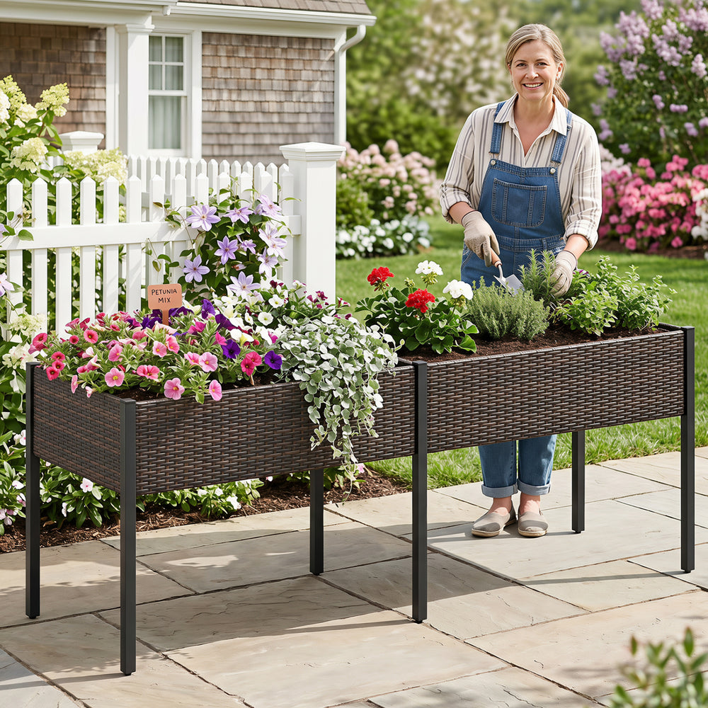 Elevated raised garden bed in patio-brown with removable liners, perfect for growing vegetables and herbs outdoors.