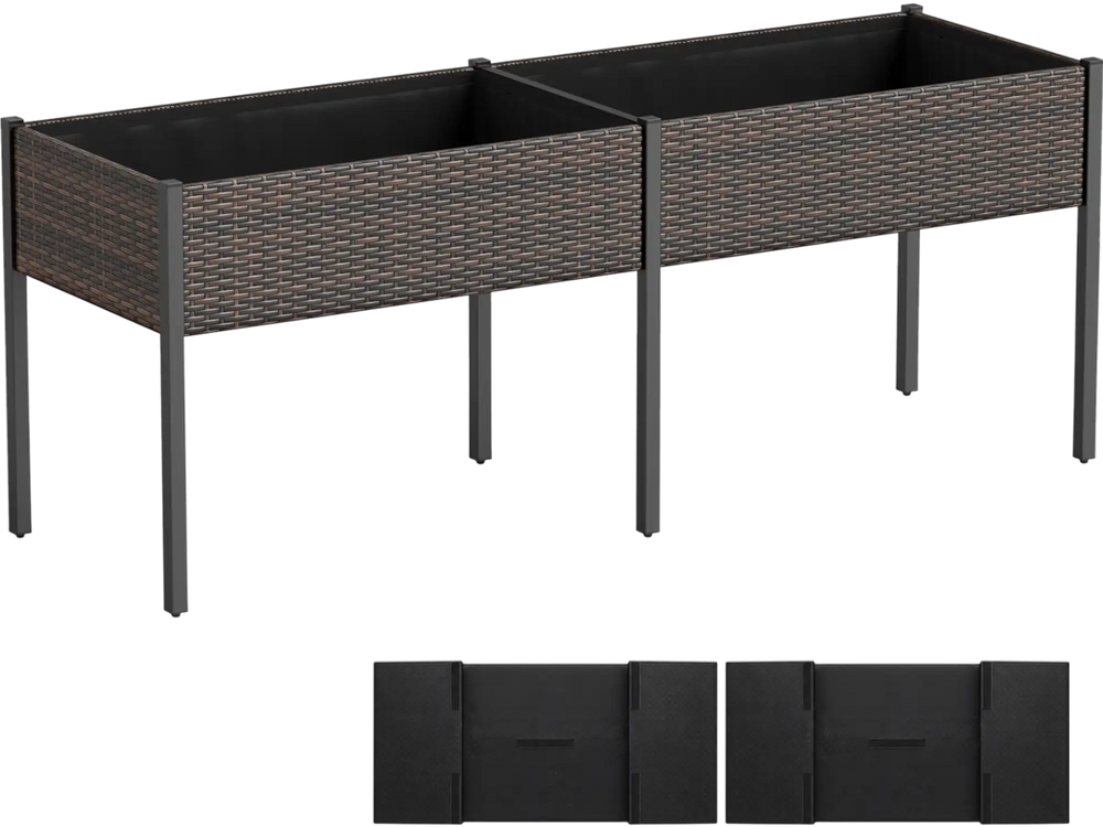 Large raised garden bed with legs, made of PE rattan, ideal for planting vegetables and herbs on patios or balconies.
