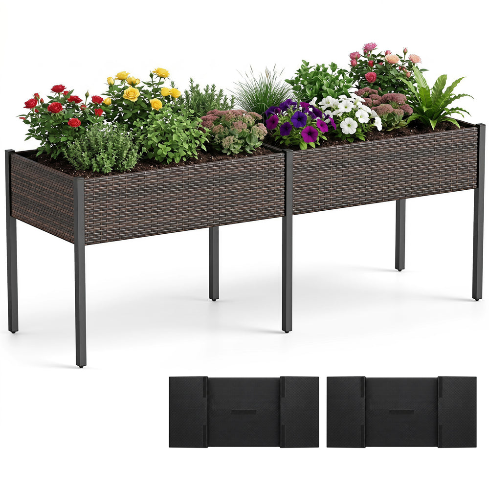 Elevated raised garden bed with legs, made of PE rattan, ideal for planting vegetables and herbs on patios or balconies.