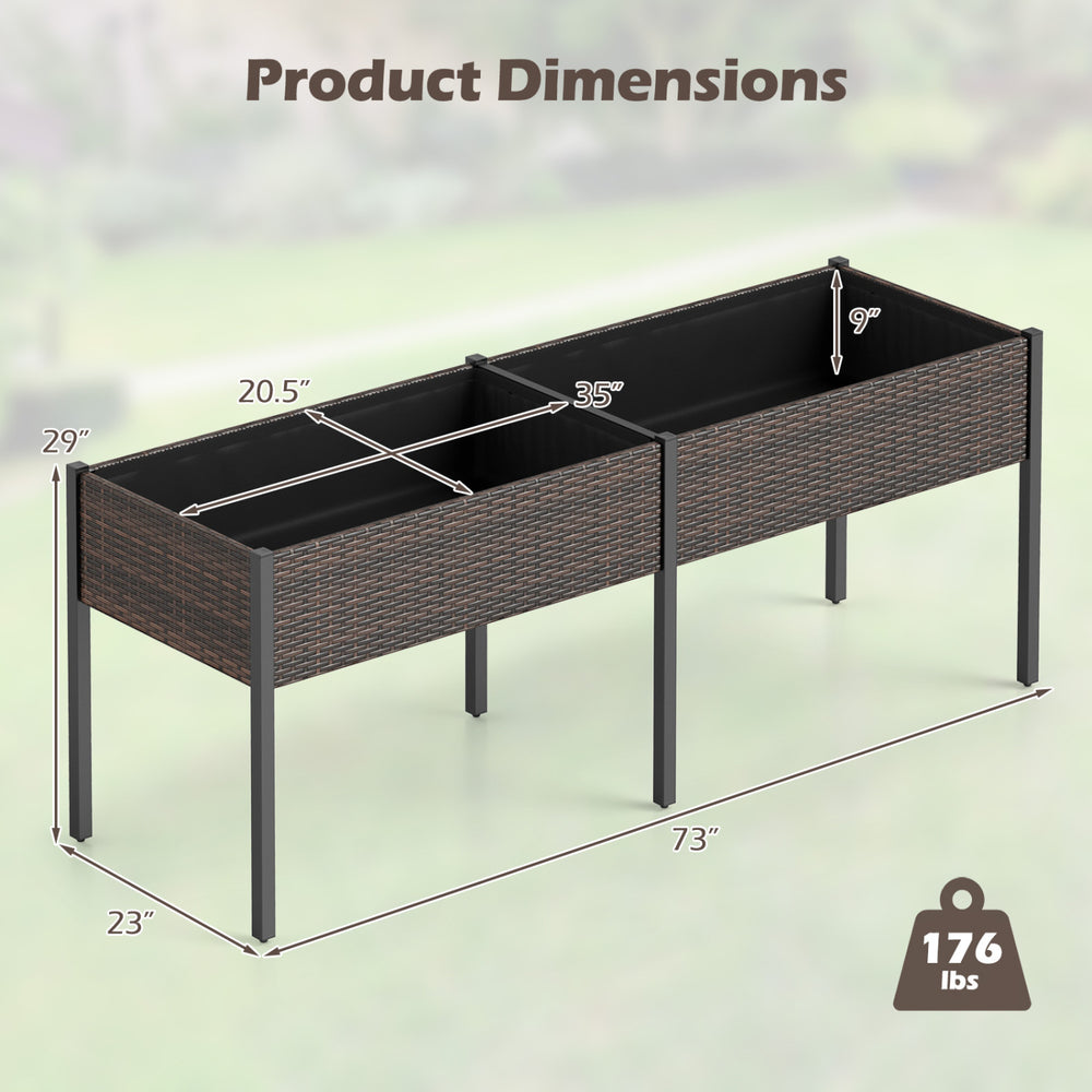 Raised garden bed with legs, made of PE rattan, features removable liners for easy planting and outdoor maintenance.